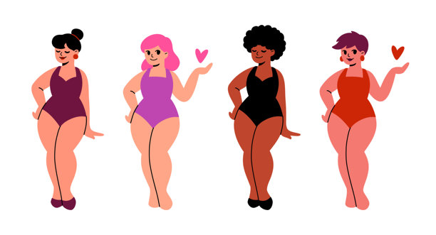 平铺矢量插画集，描绘了穿着泳衣、拥有不同发型和肤色的女性。图片下载