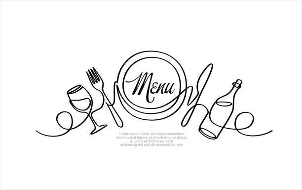 餐厅菜单。盘子、叉子、刀、酒瓶和酒杯的连续单线画。菜品设计。矢量图。图片下载