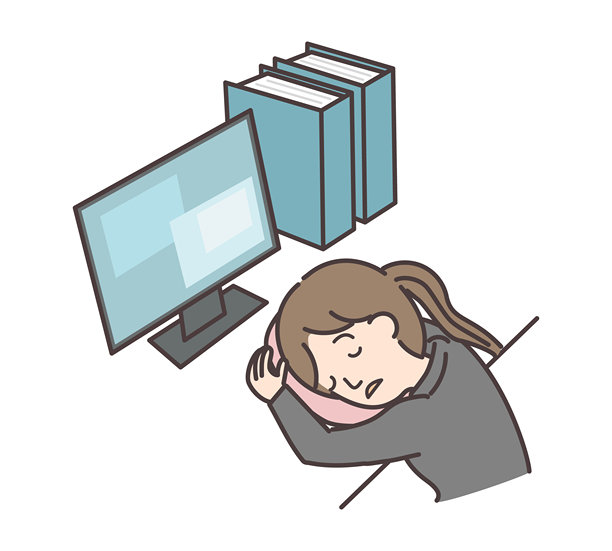 一位女士在午休时间趴在办公桌上小憩的插画图片下载