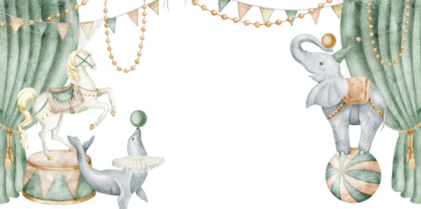 马戏团舞台背景，带有窗帘和嘉年华动物的水彩插画。背景有大象、海豹和马，适合儿童海报、婴儿房墙面艺术。用于宝宝生日邀请函的艺术品。图片下载