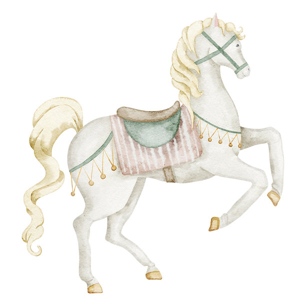 马的水彩插画，采用柔和的米色和绿色调。小丑动物剪贴画，适用于儿童海报、托儿所墙面艺术、生日贺卡或婴儿送礼会邀请函。嘉年华风格的公马艺术。图片下载
