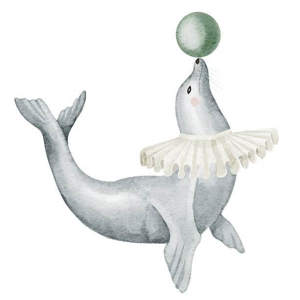 马戏团海豹用鼻子顶球的水彩插画。卡通嘉年华海狮，适用于儿童插画、托儿所墙贴、生日海报、婴儿送礼会邀请函。粉彩色系艺术风格。图片下载