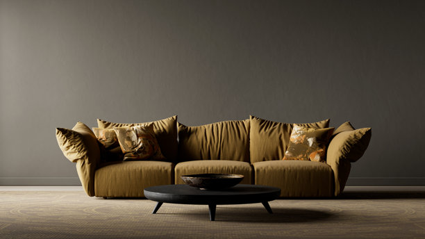 深沉氛围的日式简约风格空间，设有单人沙发和咖啡桌，构图极简，精致的现代平衡感营造宁静奢华的视觉叙事。3D插画图片下载