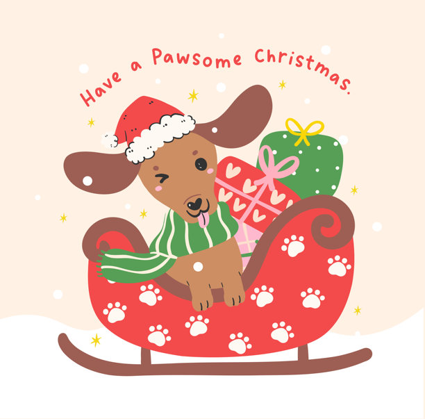 圣诞腊肠犬坐在圣诞老人雪橇里穿过雪地，手绘节日卡通插画，可打印贺卡图片下载