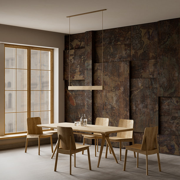 日式和风与北欧风的融合餐厅，配有天然木质餐桌、极简风格的椅子，以及平静的中性色调，营造出宁静、现代而优雅的用餐氛围。三维插画图片下载