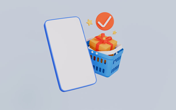 手机、购物篮和礼品盒，3D在线购物插画图片下载