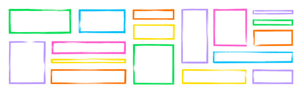 手绘矩形边框，带有笔触和粗糙边缘。彩色照片矩形，盒子边框。手绘笔触纹理印章形状集，带有粗糙边缘效果。矢量图图片下载