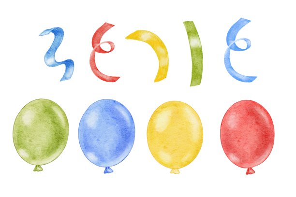 水彩插画，描绘了色彩缤纷的气球和纸屑元素。适用于生日庆祝、派对邀请函、贺卡、儿童活动、纪念日设计和节日图案。图片下载