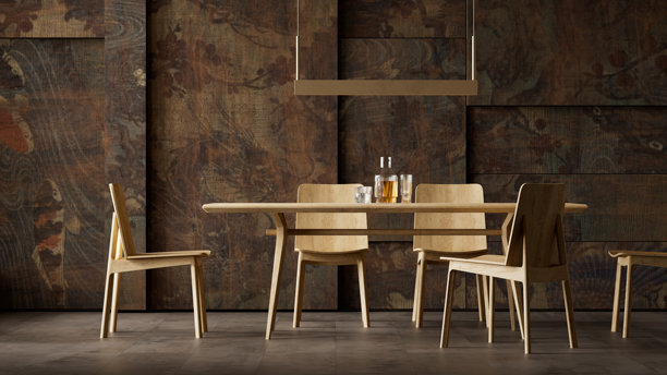 日式侘寂风格餐厅的室内设计，采用天然木制家具、极简餐桌和柔和的中性色调，营造出宁静、现代而优雅的家居氛围。三维插画图片下载