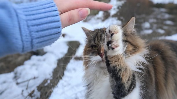 冬天，雪景背景下，一只蓬松的燕尾服猫躺在雪地里或坐在雪地上，背景是冬日景色，宠物的美丽照片，宠物，猫的美丽照片，宠物的美丽照片，猫的美丽照片图片下载