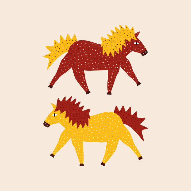 有趣的彩色马匹手绘矢量插画。可爱的独立动物角色，扁平化风格，适用于儿童海报或标志。图片下载