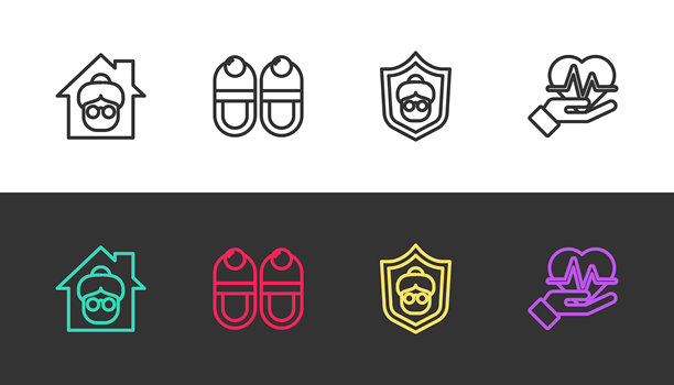 黑白线条插画：养老院、拖鞋、祖母和心率。矢量图图片下载