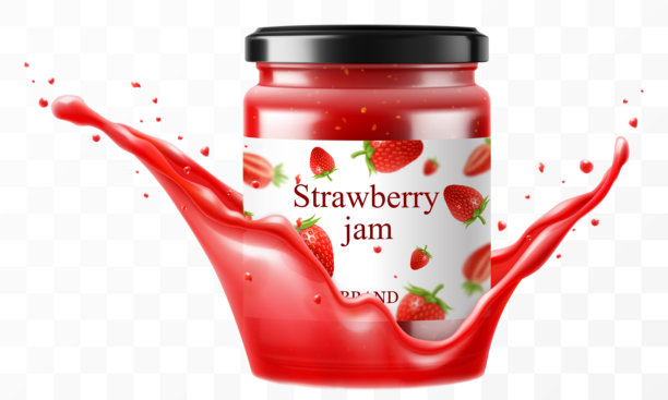透明背景上孤立的草莓果酱罐，果酱中溅出草莓汁。带黑盖的玻璃罐装草莓果酱或蜜饯。逼真的 3D 矢量插画。图片下载
