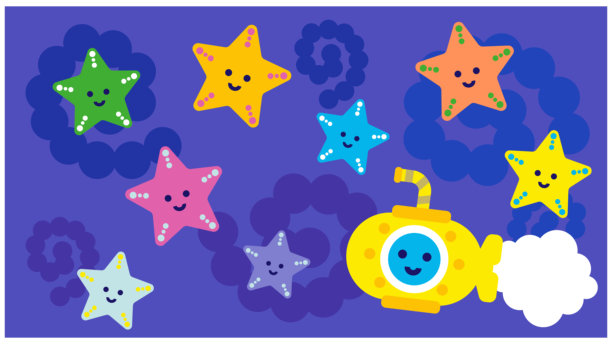 可爱的奇幻插画，描绘了一颗色彩斑斓的星星和一艘潜水艇图片下载