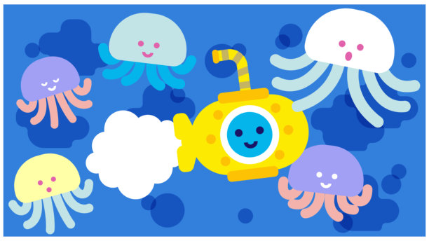 可爱的海洋幻想插画，描绘了一艘被水母环绕的潜水艇图片下载