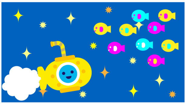 一只可爱的奇幻插画，描绘了一艘潜艇在夜晚的海洋中航行，周围有色彩斑斓的鱼群。图片下载