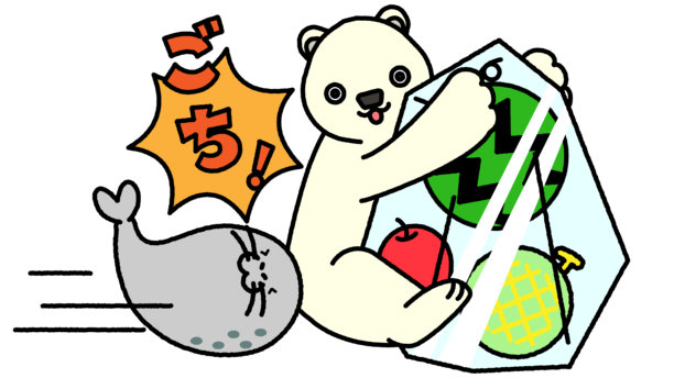 滑稽插画，一只海豹撞上了一只北极熊，北极熊正抱着一个装满水果的冰块。图片下载