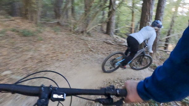 第一人称视角，跟随年轻女子骑行电动山地车穿越森林图片下载