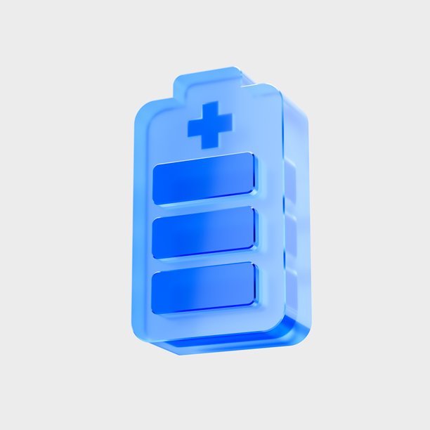 3D玻璃电池图标，电力能源状态符号。液态玻璃设计图标，适用于图形设计、UI、UX界面和3D插画的流行玻璃图标。图片下载