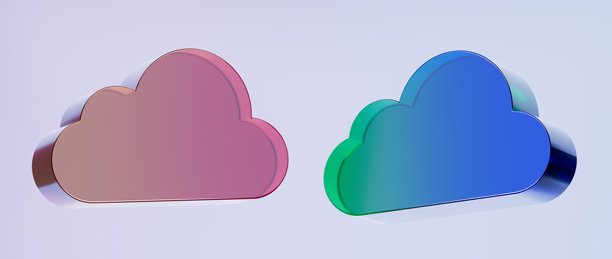 一组3D云朵图标，彩色渐变玻璃质感图标，玻璃全息图标，极简水晶透明感，非常适合平面设计、UI UX界面、3D渲染插画。图片下载