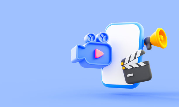 用于电影制作、媒体制作和内容创作的摄像机、场记板和智能手机的 3D 数字插画。图片下载