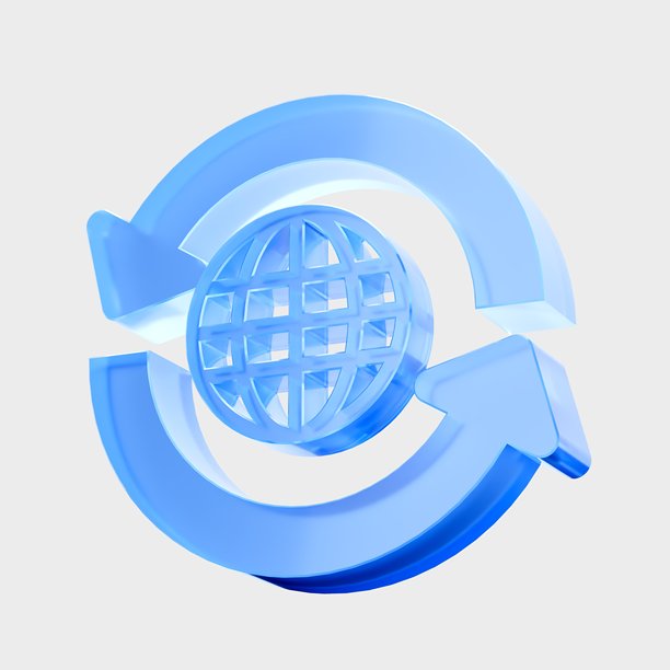 3D玻璃全球同步图标，全球数据交换概念。液体玻璃设计图标，适用于平面设计、UI、UX界面和3D插画的潮流玻璃图标。图片下载