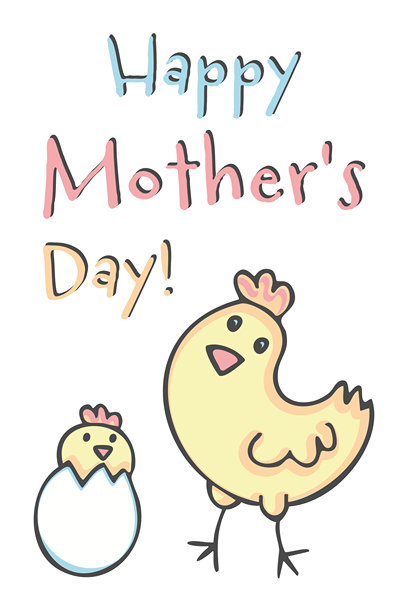 母亲节快乐！一张可爱的鸡妈妈和小鸡贺卡。春季可爱插画，装饰元素。手绘涂鸦，儿童绘画风格。图片下载