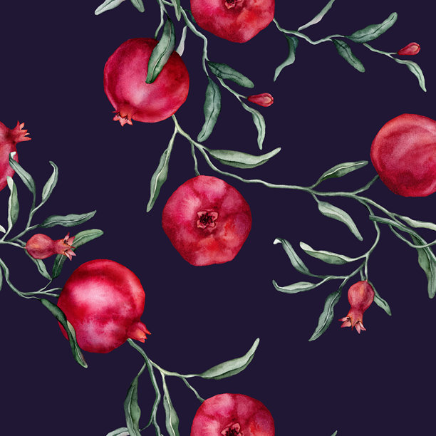 带有粉色花朵的石榴的无缝水彩插画图案。手绘印花，饰有带绿叶的热带水果枝条，孤立呈现。适用于包装纸或纺织品设计。图片下载