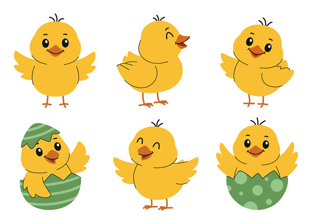 可爱的复活节小鸡组合。小鸡从复活节彩蛋中孵出并扇动翅膀。矢量素材集。图片下载
