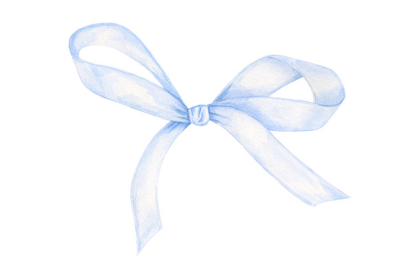 淡蓝色丝带蝴蝶结水彩插画，孤立在背景上。窄窄的系带，柔和的浅色调。适用于婴儿派对装饰、生日贺卡、婴儿房设计的配饰。图片下载