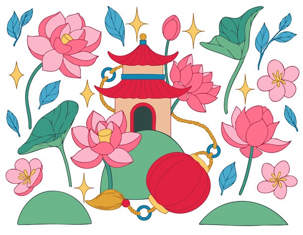 一套可爱的亚洲插画，包括宝塔、莲花和灯笼。矢量剪贴画图片下载