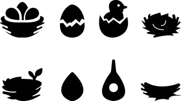 风格化的鸟巢、蛋和鸟的矢量图标集，用于标志和设计元素，包含蛋、自然、野生动物、树枝、庇护所、育雏、动物栖息地、环境和自然关怀。图片下载