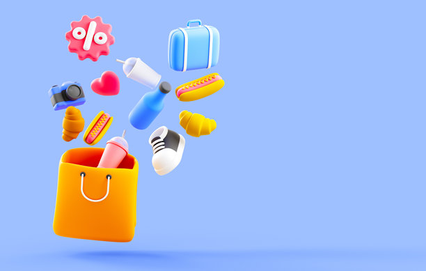 带有生活元素的三维购物图标。彩色的三维插画，描绘了购物袋和各种生活用品，如食物、鞋子和旅行图标，背景为蓝色。图片下载