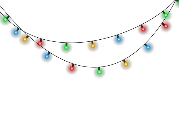 一串发光的圣诞彩灯，带有彩色灯泡和柔和的霓虹光泽，隔离在透明背景上，适用于数字贺卡、圣诞横幅、海报和节日季节插画图片下载