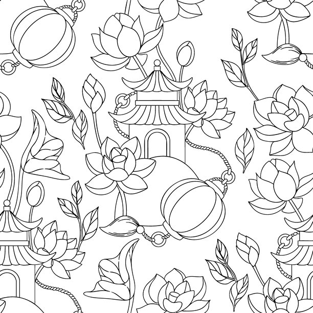 亚洲风格矢量插画。包含宝塔和莲花的无缝图案。可爱的儿童印花。涂色书图片下载