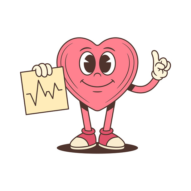 医疗爱心卡通人物，配有心电图和创意手势的矢量插画图片下载