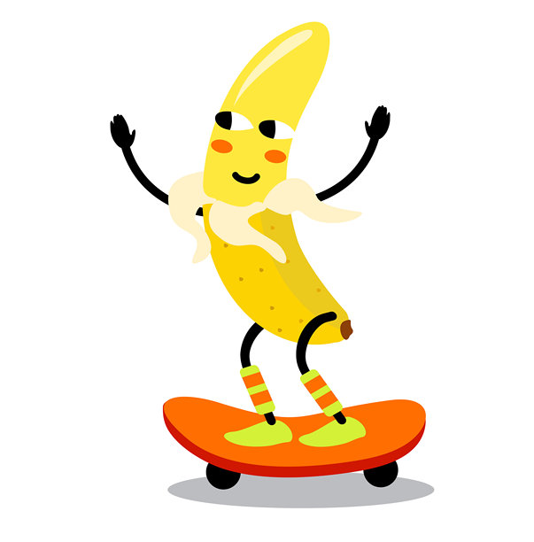 香蕉滑板插画。可爱的快乐香蕉角色在玩滑板。香蕉在滑板上，卡通有趣的 фрукты图片下载