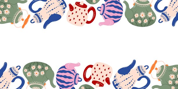 扁平风格的水壶边框图案。用于包装、纺织品、壁纸、厨房装饰和舒适设计的白色背景装饰插画。图片下载