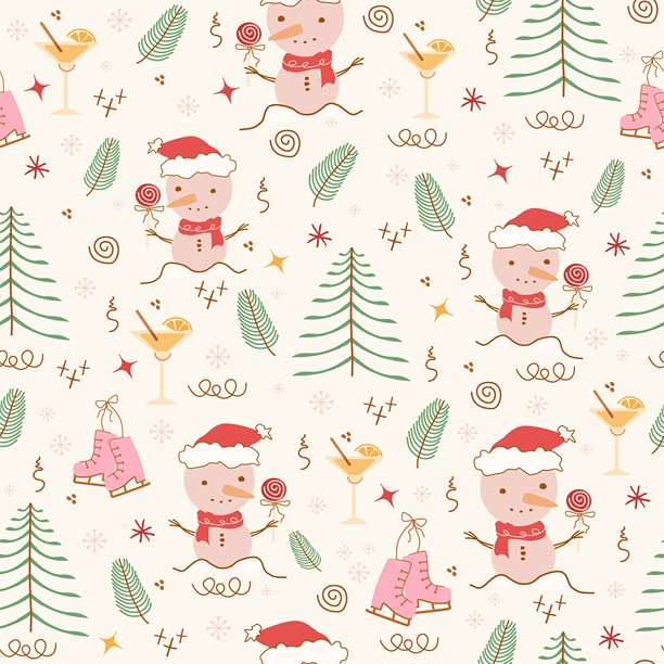 雪人、帽子、复古怀旧、冬季无缝图案。可爱的背景。树、玻璃、圆点、雪、简约设计。手绘涂鸦孤立在粉色背景上。印花、纸张、纺织品潮流概念。矢量艺术插画图片下载