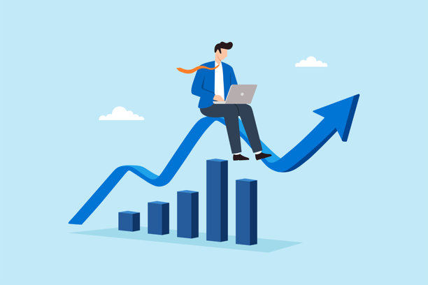 商务人士坐在上升箭头图上使用笔记本电脑的扁平插画，象征着业务增长、生产力、向上表现、成功和进步图片下载