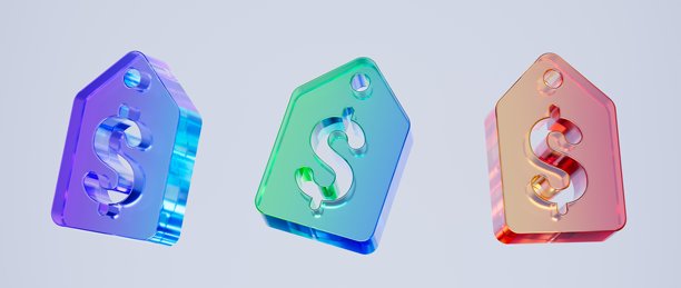 一套3D价格标签图标，促销和折扣概念。彩虹渐变玻璃质感图标，潮流玻璃全息图标，用于平面设计、UI UX界面，3D渲染插画。图片下载