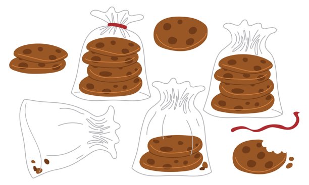 包装好的曲奇饼干。燕麦巧克力曲奇，有各种状态，装在透明密封包装里。茶点。平铺矢量插画，白色背景上的食物图片。图片下载