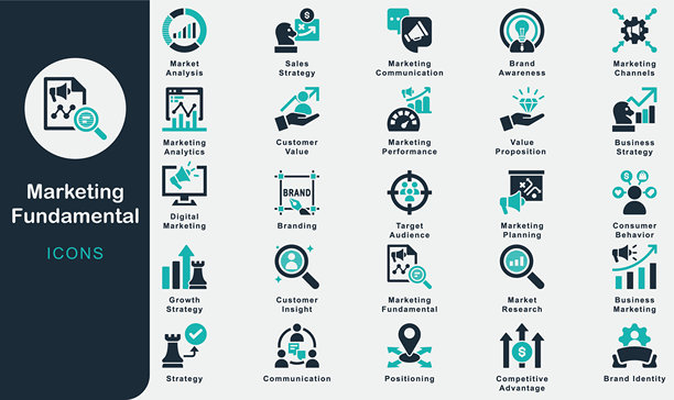 营销基础图标合集，包含营销、策略、受众、品牌、定位、价值、分析、渠道、沟通、研究、规划、洞察、消费者、行为图片下载