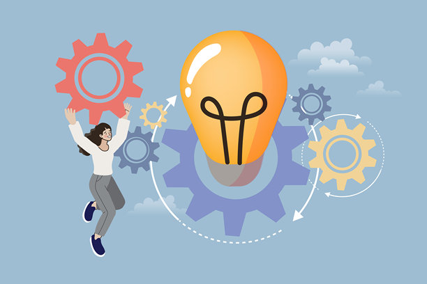 创意创新商业概念。快乐的女人拿着齿轮、大灯泡和云朵。智能工作和解决问题的矢量插画。图片下载