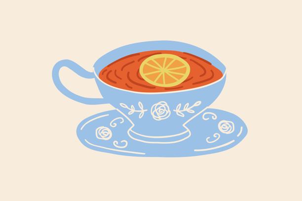 一杯热茶和一个手绘狮子。彩色简约涂鸦插画风格的食物。热茶，英式茶会。图片下载