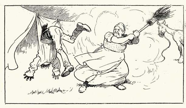 维多利亚时代的滑稽漫画，愤怒的家庭主妇正在殴打一个弄乱了她干净衣物的男人，1898年复古插画，19世纪图片下载