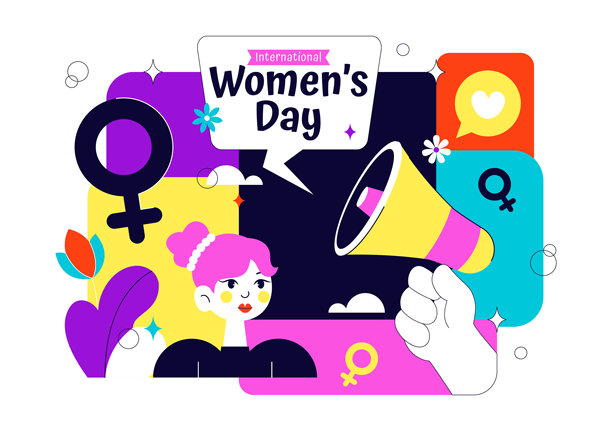 三八国际妇女节矢量插画，在3月8日庆祝女性成就与自由，背景设计为扁平卡通风格图片下载
