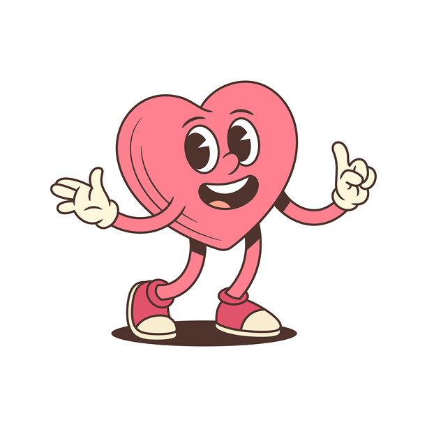 时髦的粉色爱心卡通人物向上指，矢量插画图片下载