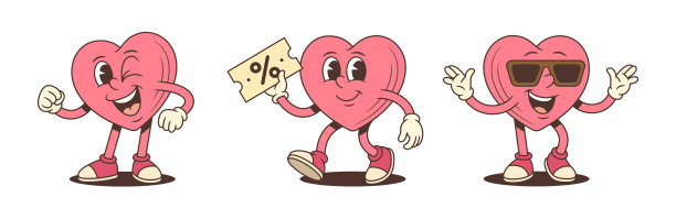 购物卡通矢量插画：时髦的粉色心形吉祥物角色图片下载