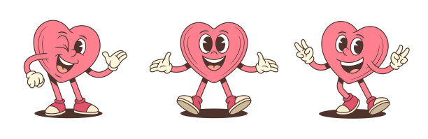 酷炫粉色爱心角色吉祥物，包含多种姿势的卡通矢量插画图片下载